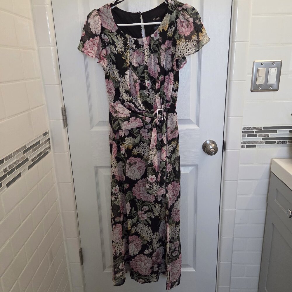 Alexa B Floral Black and Pink Maxi Dress 4P